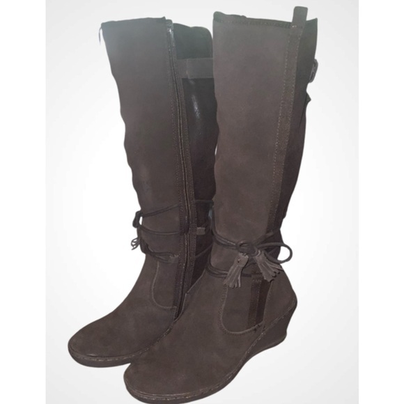 BareTraps Brown Over the Knee Brown Suede Fur Lined Wedge Boots Side Zipper 6M - Picture 1 of 15